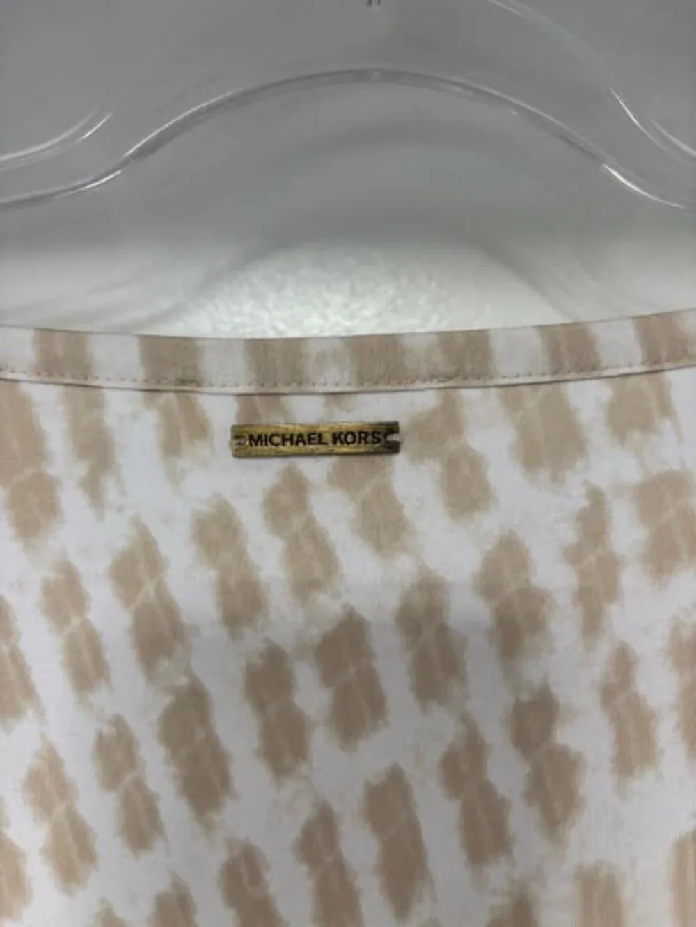 Michael Kors Women's Tunic Top Size Large Beige White Abstract Print Lace Trim